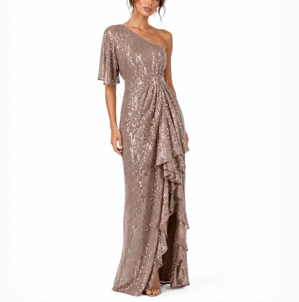 Mac Duggal 93662 Mauve Pink Evening Gown Sequined One Shoulder Gown Dress Size 6